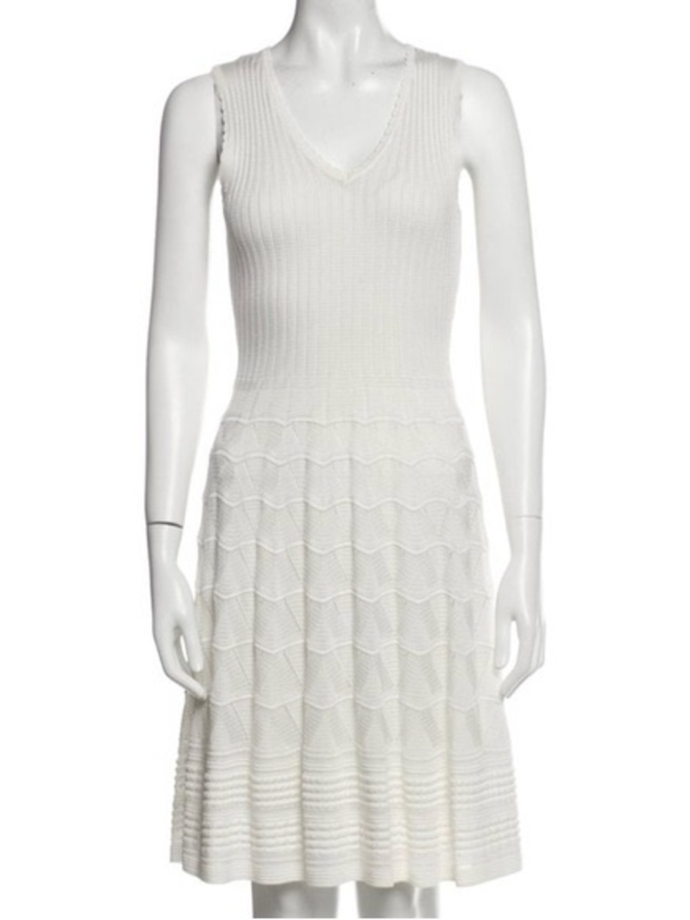 M BY MISSONI White Knit V-Neck Sleeveless Dress Flared Aline Knit ZigZag Sz 42